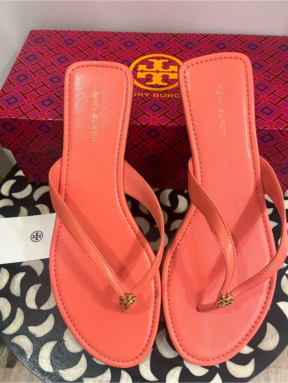 Tory Burch Coral Leather Flip Flop Sandals with Gold Logo